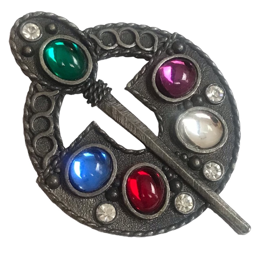 Vintage Celtic Multi Colored Lucite Cabochon Kilt Brooch Sword Rhinestones